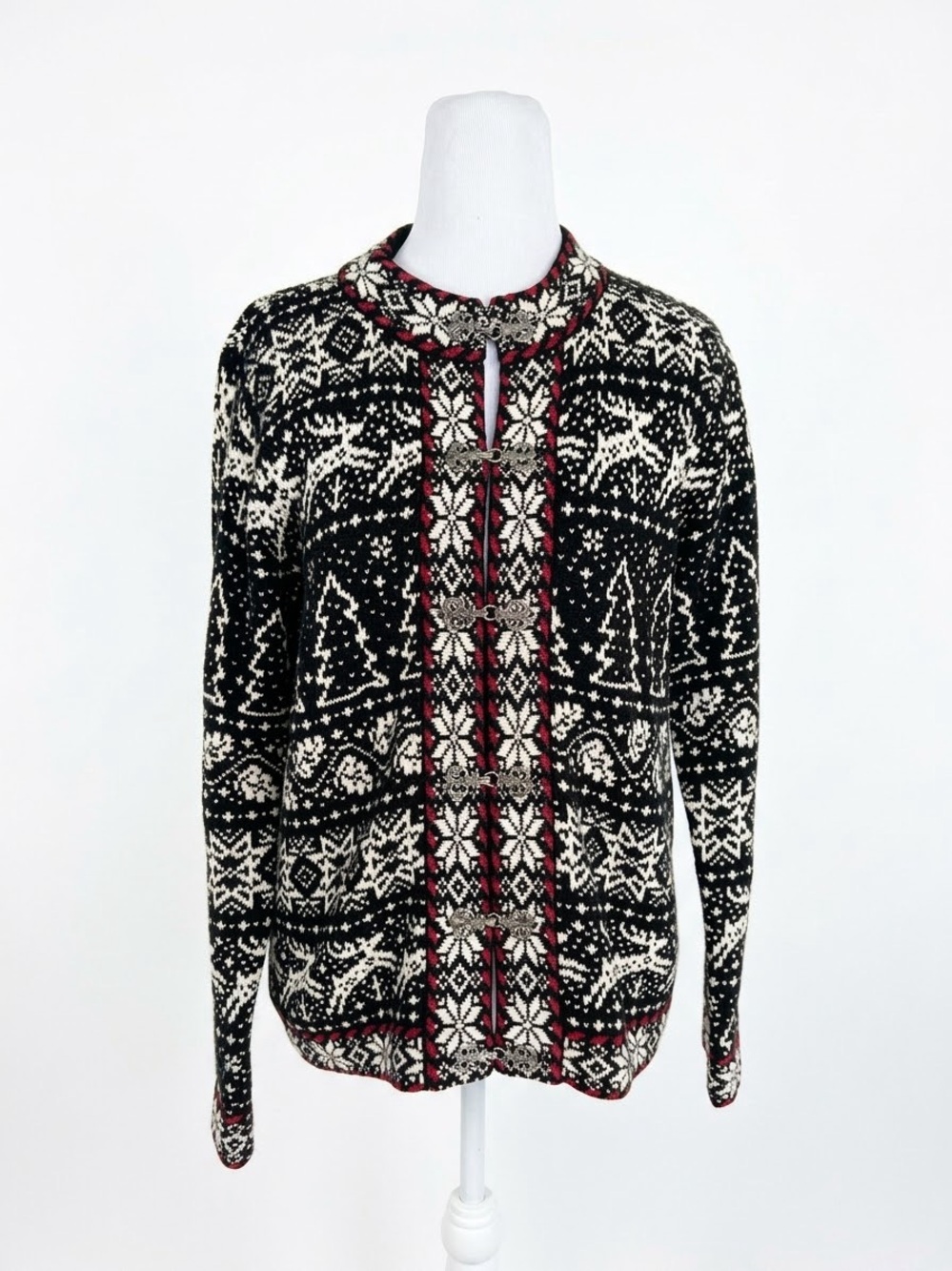 Talbots Vintage Christmas Sweater Petites P Reindeer Tree Nordic Knit Cardigan